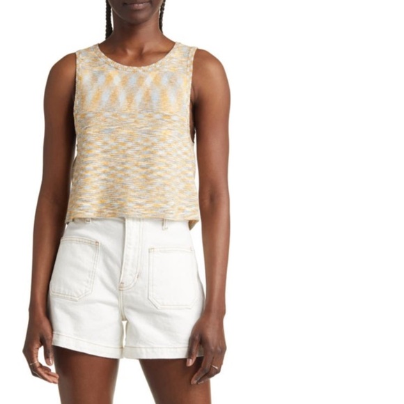 New Free People Sleeveless Sweater Tank Open Back Large Short Crop Yellow Blue - Picture 1 of 4